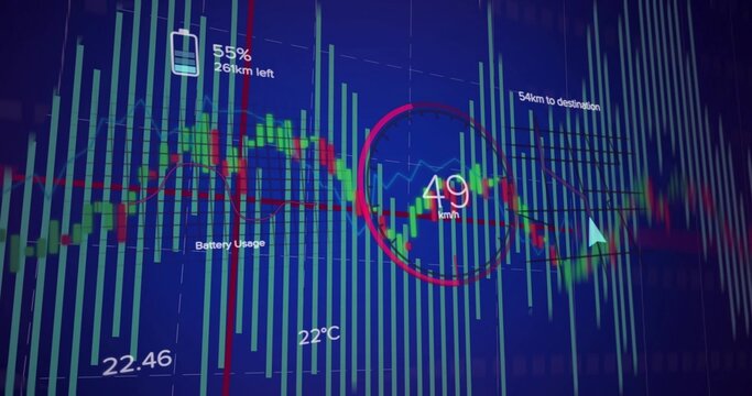 Displaying data HUD with bars and candlesticks on blue screen, showing 49 km or h gauge, battery 55%