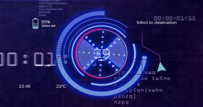 Displaying central circular HUD gauge showing 39 km or h on dark grid, with 55% battery, 54km route