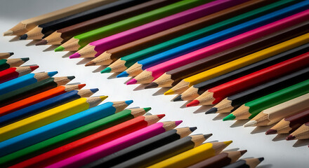 Colorful Pencils Arranged Diagonally on White Surface, Art Supplies, Stationery, Colorful, Variety