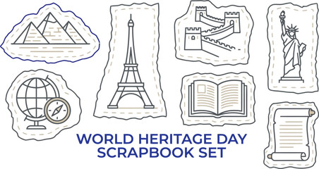 Obraz premium World heritage day scrapbook set with famous landmarks and symbols