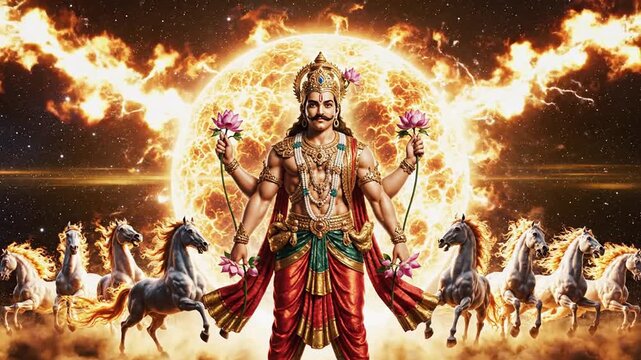Hindu god Surya riding chariot of seven horses with fiery mane through cosmic sunset