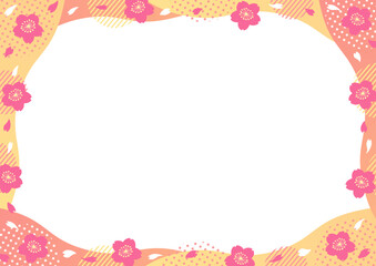 桜とドットやストライプの丸い幾何学模様と波型のフレーム_オレンジ
