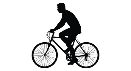 Fototapeta premium A black silhouette depicts a man riding a bicycle on a white background showcasing a side view of the cyclist and his transport