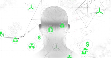 Displaying dotted mesh head silhouette hovering in digital network, showing green icons