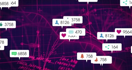 Floating white callouts moving across neon interface, showing heart mail bell icons and counters