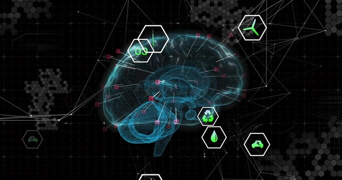 Displaying holographic brain on HUD, showing magenta nodes, white links and hex badges