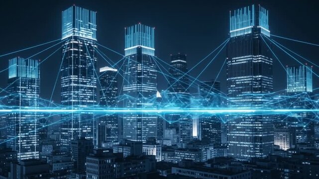 Smart city skyline at night featuring glowing digital data networks and communication lines for advanced telecommunications infrastructure.