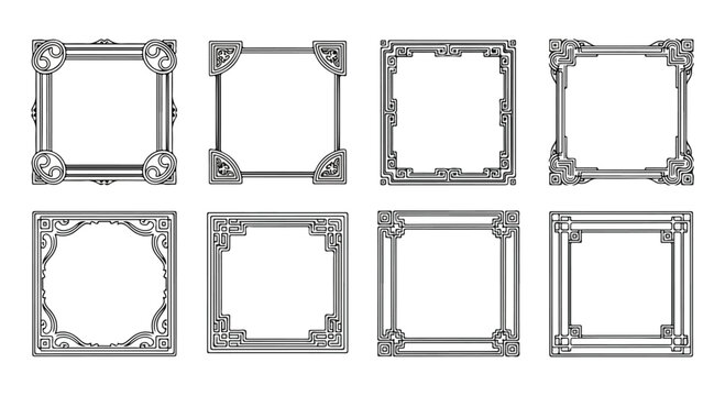 Eight ornate picture frames of varying shapes and sizes Vector