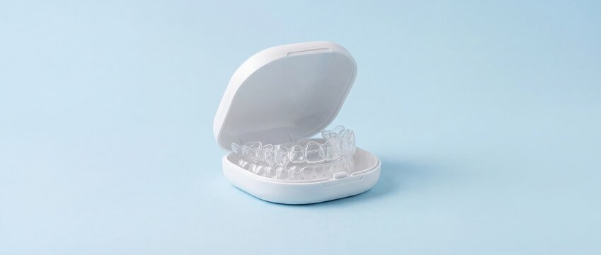 Open White Case with Clear Aligners on Light Blue Background