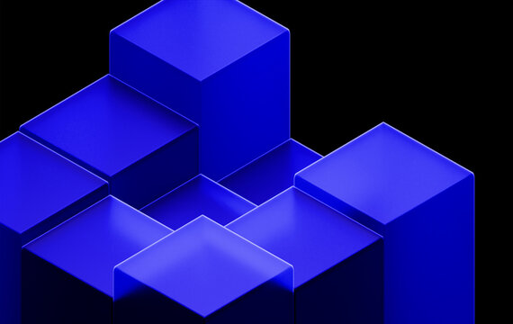 Minimal cubic structure in deep blue tones &mdash; contemporary geometric digital artwork