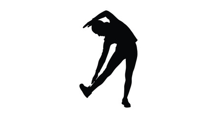 A black silhouette depicts a woman performing a side stretch exercise demonstrating flexibility and fitness on a plain white background