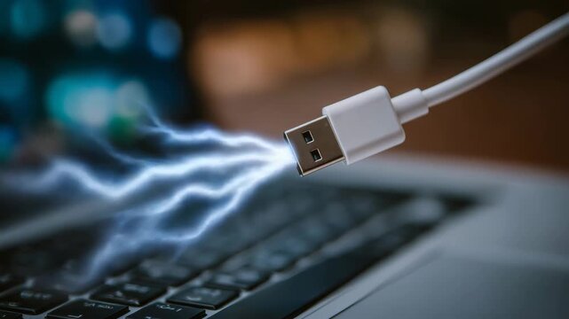 126Extreme close-up of USB connector entering port, fingertips and cable sharply in focus, metallic textures and soft blur of device edges in background, cinematic macro shot