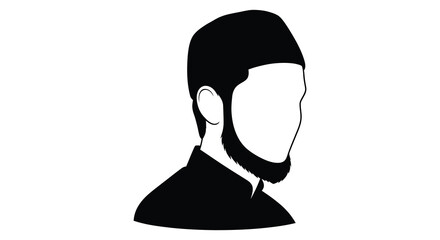 A black and white illustration depicts a man wearing a traditional islamic head covering and beard presented as a striking silhouette © Pvect02