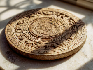 Fototapeta premium Antique wooden zodiac calendar wheel with detailed engravings of astrological signs and symbols resting on a sunlit marble surface with soft shadows