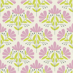 Seamless Pastel Floral Pattern with Pink Flowers and Green Leaves, Modern Scandinavian Botanical Background for Fabric, Wallpaper, Textile, Wrapping Paper, Surface Design