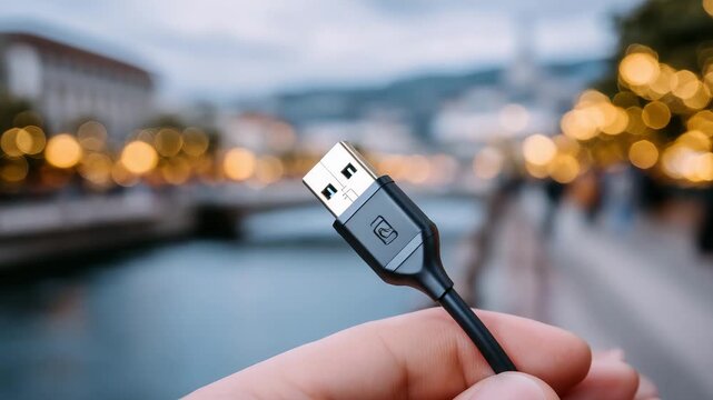 129Extreme macro of a USB cable halfway inserted, fingers holding cable in focus, metallic port and plastic casing with soft background bokeh, industrial tech aesthetics