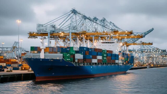 131Perspective shot from dockside of a massive container ship, idle cranes stretching across the frame, neat rows of containers under dim overcast light, stillness evoking the frustra