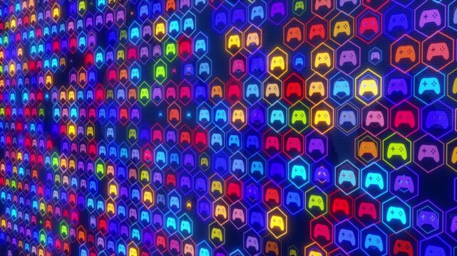 A Futuristic Wall Of Glowing Neon Video Game Controller Icons Inside Glowing Hexagons With A Vibrant Multicolor Palette Of Blue, Red, And Yellow, Digital Grid Background, Perspective View Of Gaming 