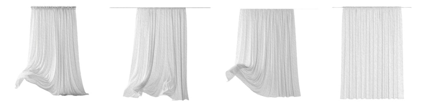 White Sheer Curtains and Fabric Drapes Set Isolated on White Background PNG, Light Airy Window Treatments and Blowing Chiffon Voile Collection for Interior Decor.