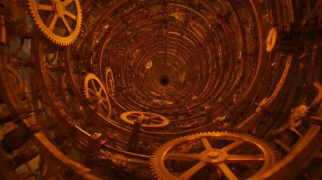 Traveling Through an Infinite Steampunk Tunnel of Rotating Golden Gears