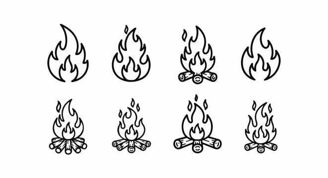 Collection of eight simple outline illustrations of campfires with flames