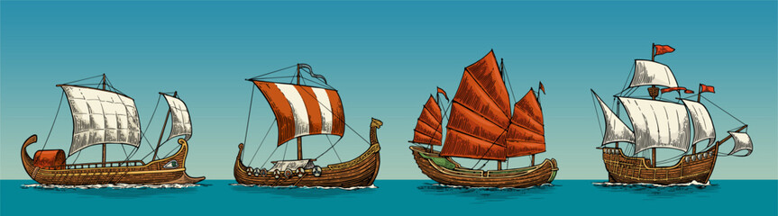 Trireme, caravel, drakkar, junk. Set historical wooden sailing ships floating on the sea waves. Hand drawn design element. Vintage vector color engraving illustration for poster, postmark. © MoreVector