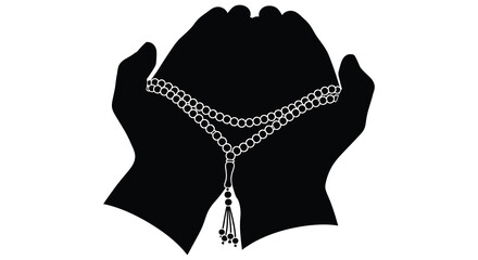 Two hands cupping a string of prayer beads a symbolic representation of faith and devotion depicted as a striking black silhouette