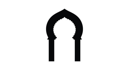 A striking black silhouette of a Moorish archway or gateway stands prominently against a stark white background showcasing intricate detail © Pvect02