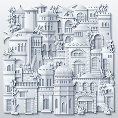 Monochrome paper-cut style illustration of a dense Middle Eastern cityscape with domes, arches, balconies, and towers, creating an intricate layered architectural relief composition.