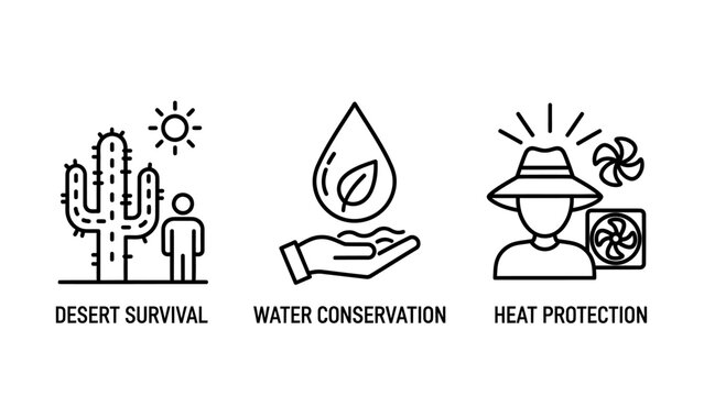 Set of icons illustrating desert survival, water conservation, and heat protection in hot, arid environments