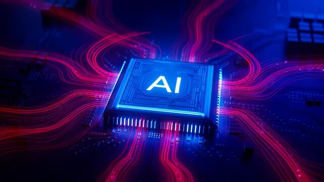 Zooming shot of AI processor chip activating data flow on a futuristic motherboard.