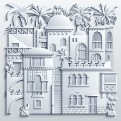 Monochrome paper-cut style illustration of a dense Middle Eastern cityscape with domes, arches, balconies, and towers, creating an intricate layered architectural relief composition.