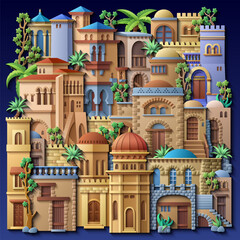 Colorful 3D illustration of a dense Middle Eastern city with domes, arches, towers, and lush plants, forming an ornate fantasy architectural composition on a dark background