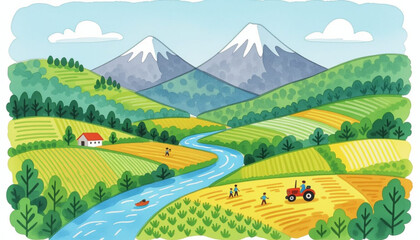 Idyllic countryside scene with a flowing river through a valley of terraced crops and distant mountain peaks. Perfect for farming, nature, and rural life concept. © bikram