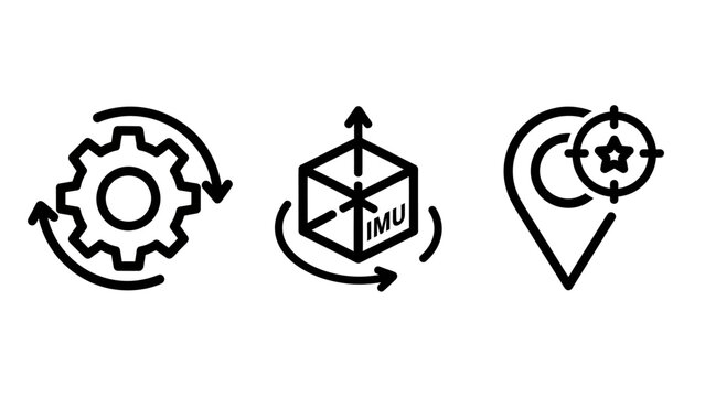 Advanced Technology Process and Location Icons: Rotating Gear, IMU Sensor, and Precision Geotargeting Symbols.
