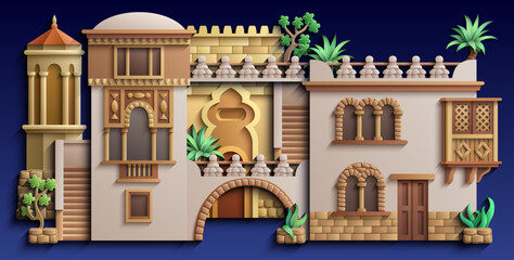 Colorful 3D illustration of a dense Middle Eastern city with domes, arches, towers, and lush plants, forming an ornate fantasy architectural composition on a dark background