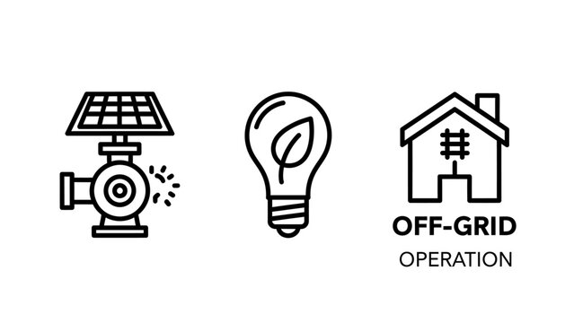 Sustainable Energy Solutions Icons: Solar Pump, Green Lightbulb, and Off-Grid Operation for Eco-Friendly Living and Renewable Power Systems.