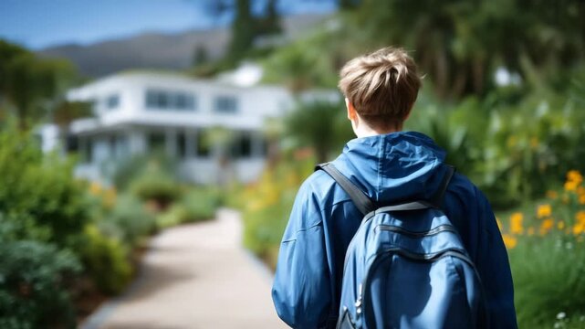 299Student walking along leafy university pathway, backpack and casual attire, historic campus architecture softly blurred, vibrant sunny day, creative banner format with copyspace fo