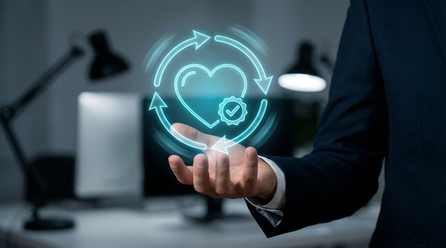 Business Hand Holding Holographic Heart Icon with Circular Arrows and Checkmark Representing Health Care Wellness Customer Loyalty and Satisfaction