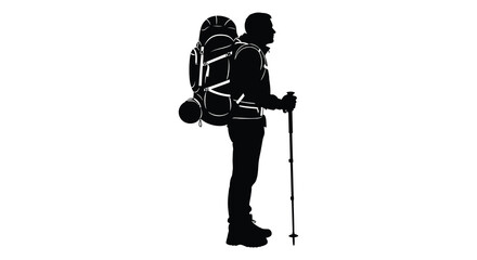 A lone hiker stands with a large backpack and trekking poles capturing a moment of outdoor adventure silhouette © Pvect02