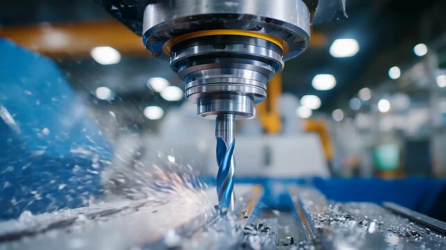 306High-resolution close-up of CNC milling operation, solid ball endmill spinning over plastic workpiece, fine chips scattered, tool reflecting overhead lights, background softly blur