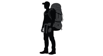 A lone hiker stands with a large backpack facing left depicted as a striking black silhouette high quality professional © Pvect02