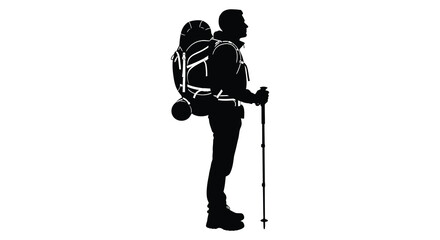 A solitary hiker with a large backpack and trekking poles stands in profile a striking silhouette high quality professional © Pvect02
