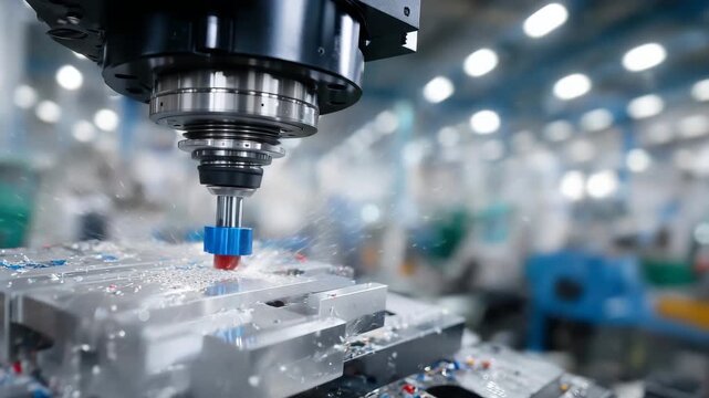 309CNC milling machine close-up with ball endmill engraving plastic, fine particles floating around, highly reflective metallic surfaces of tool and workpiece, depth of field highligh