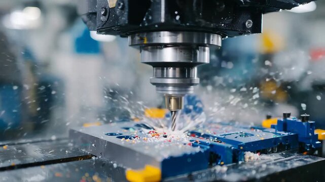 307CNC milling machine operating on a plastic part, ball endmill tool carving intricate shapes, coolant droplets reflecting light, blurred workshop background emphasizing precision en