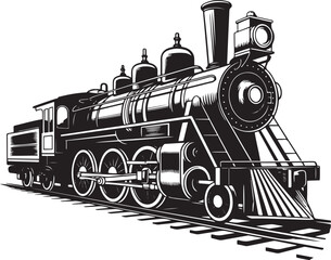 Vintage steam locomotive black and white monochrome drawing illustration, old train on railroad tracks, isolated on transparent background