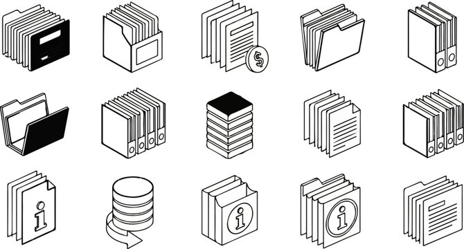 Collection of isometric icons for document management and information organization