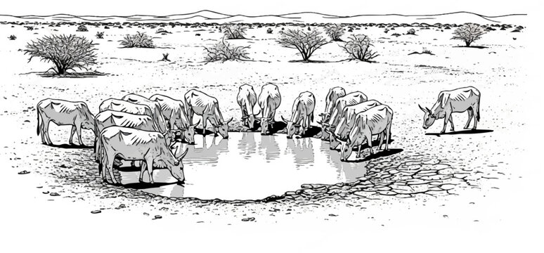Cattle gather at a parched waterhole under a sparse, arid landscape