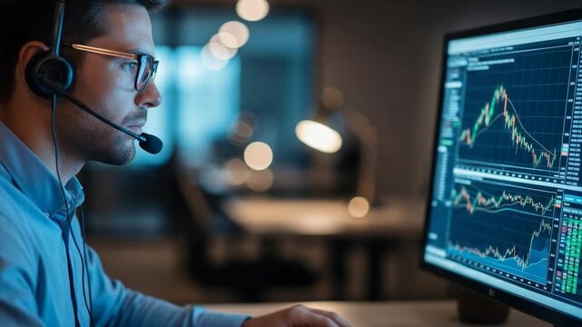 Stock trader analyzing financial market charts on computer in office