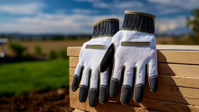 322Professional work gloves atop freshly cut lumber, spring sun casting long soft shadows, outdoor construction setting with blurred grass and sky background, close-up emphasizing tex